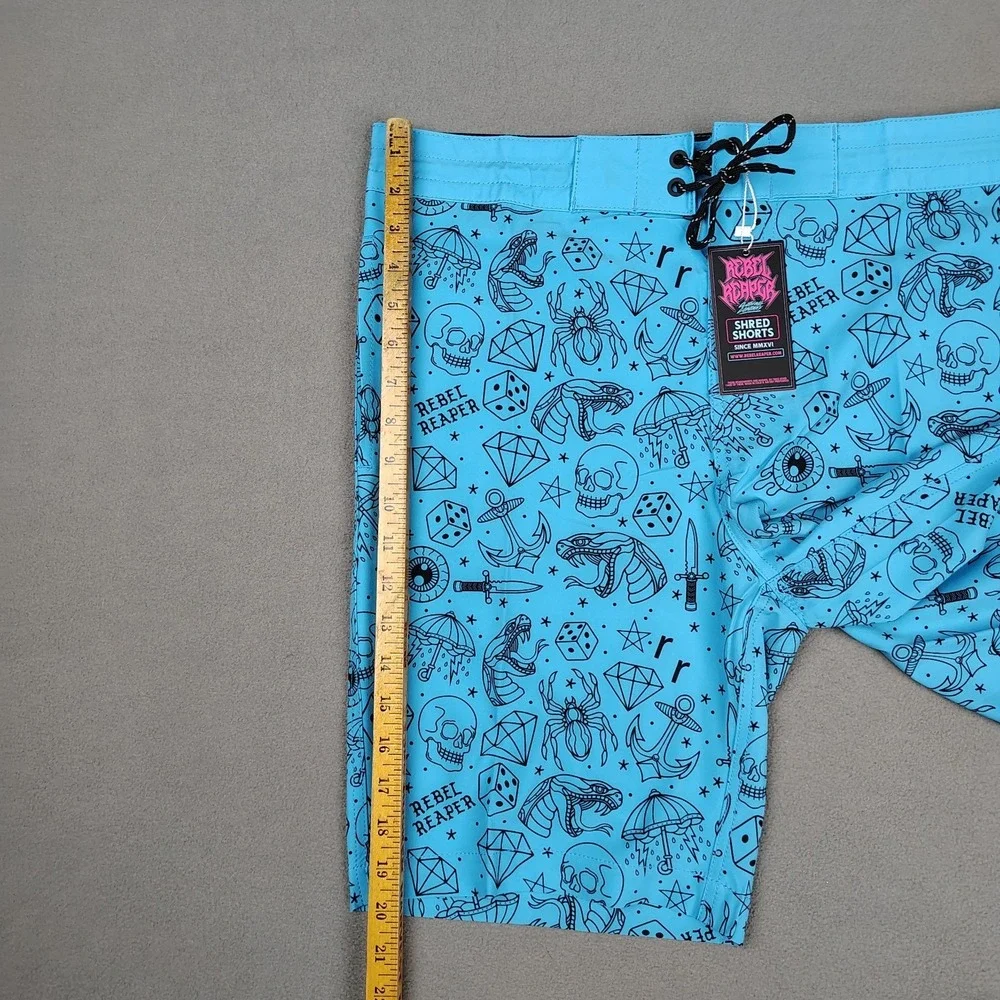 NEW Board Shorts Surf Swim Trunks Men XL Blue Tattoo‎ Biker Pockets Fast Drying